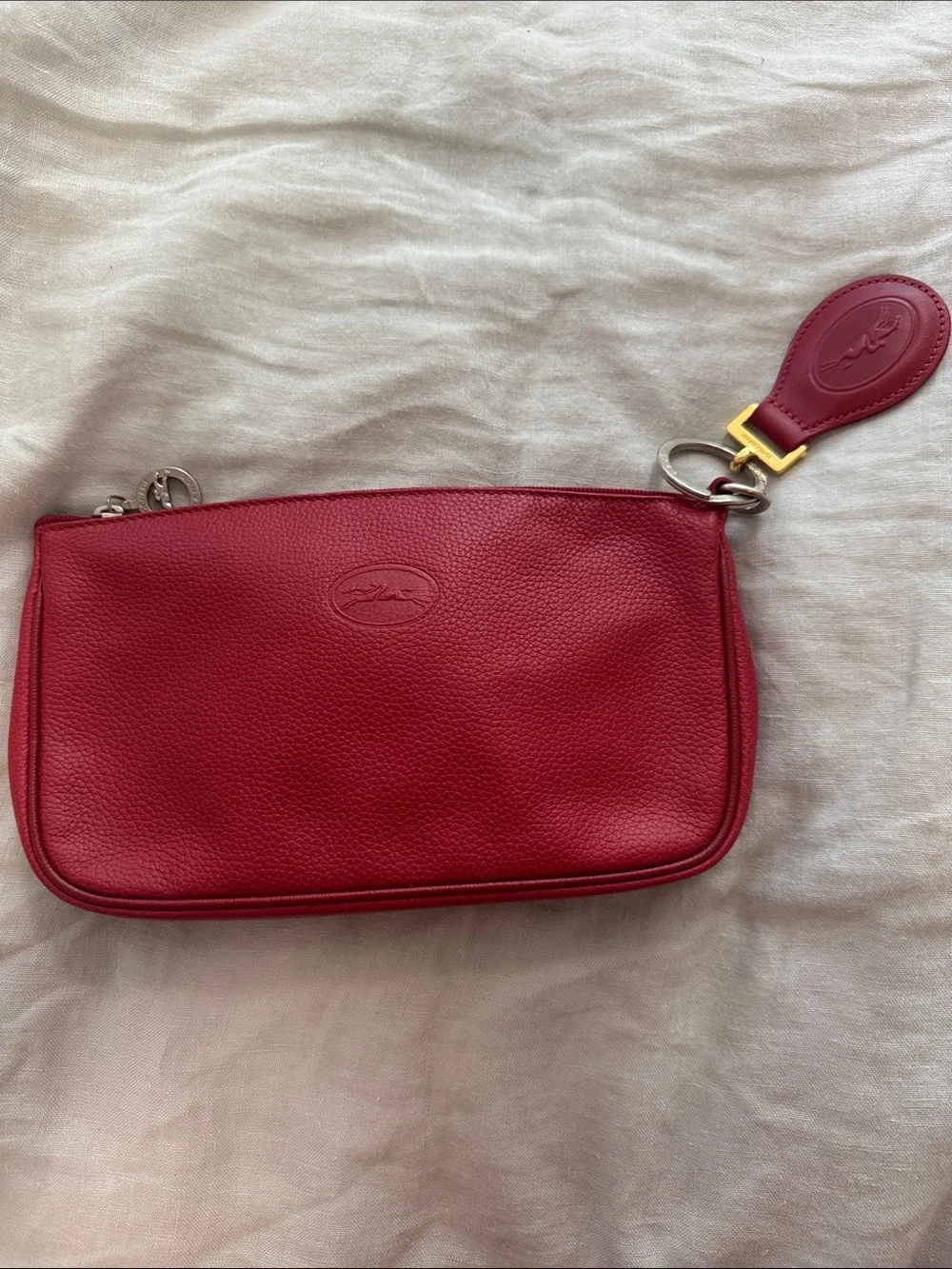 Longchamp Vintage Red Leather Clutch & Keychain